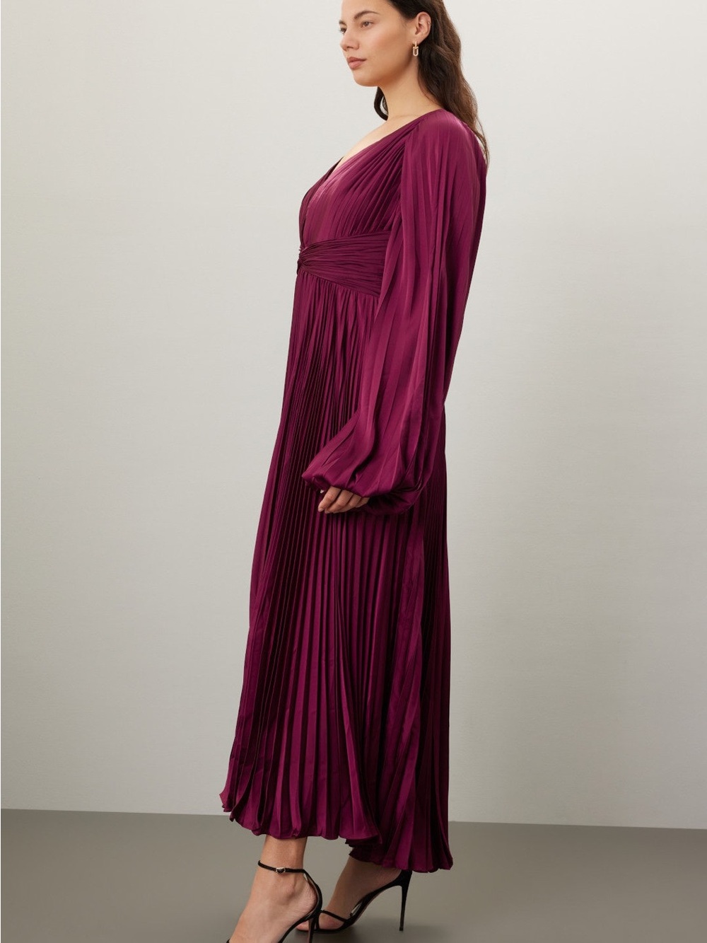 Mac Duggal Rich Plum Pleated Long Sleeve Midi Dress - Picture 4 of 11